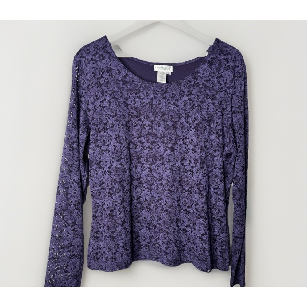 VTG Coldwater Creek Womens XL Lace Top Purple Long Sleeve Scoop Neck Floral